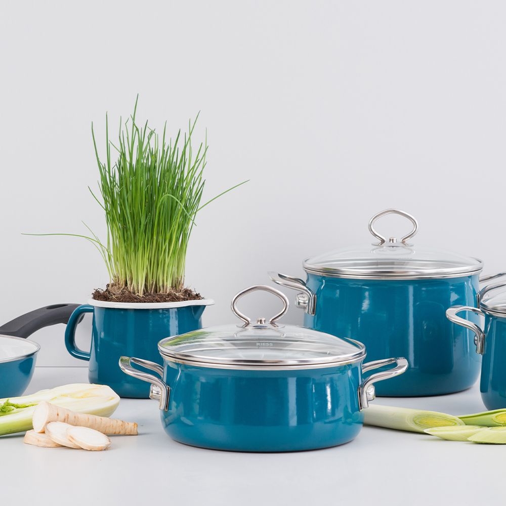 Riess NOUVELLE - Aquamarin EXTRASTARK - Stielkasserolle mit Glasdeckel