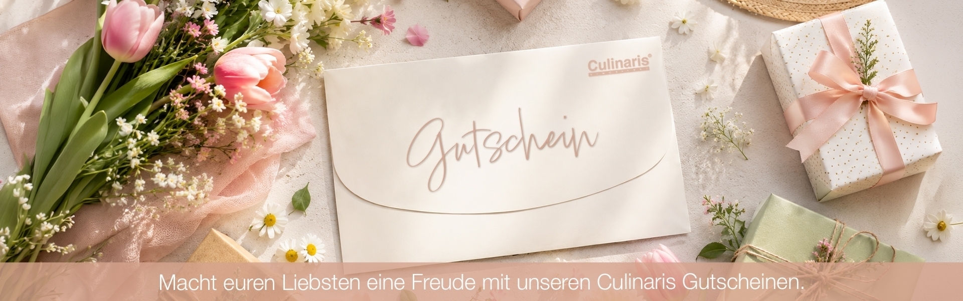 Culinaris voucher with gift boxes and flowers