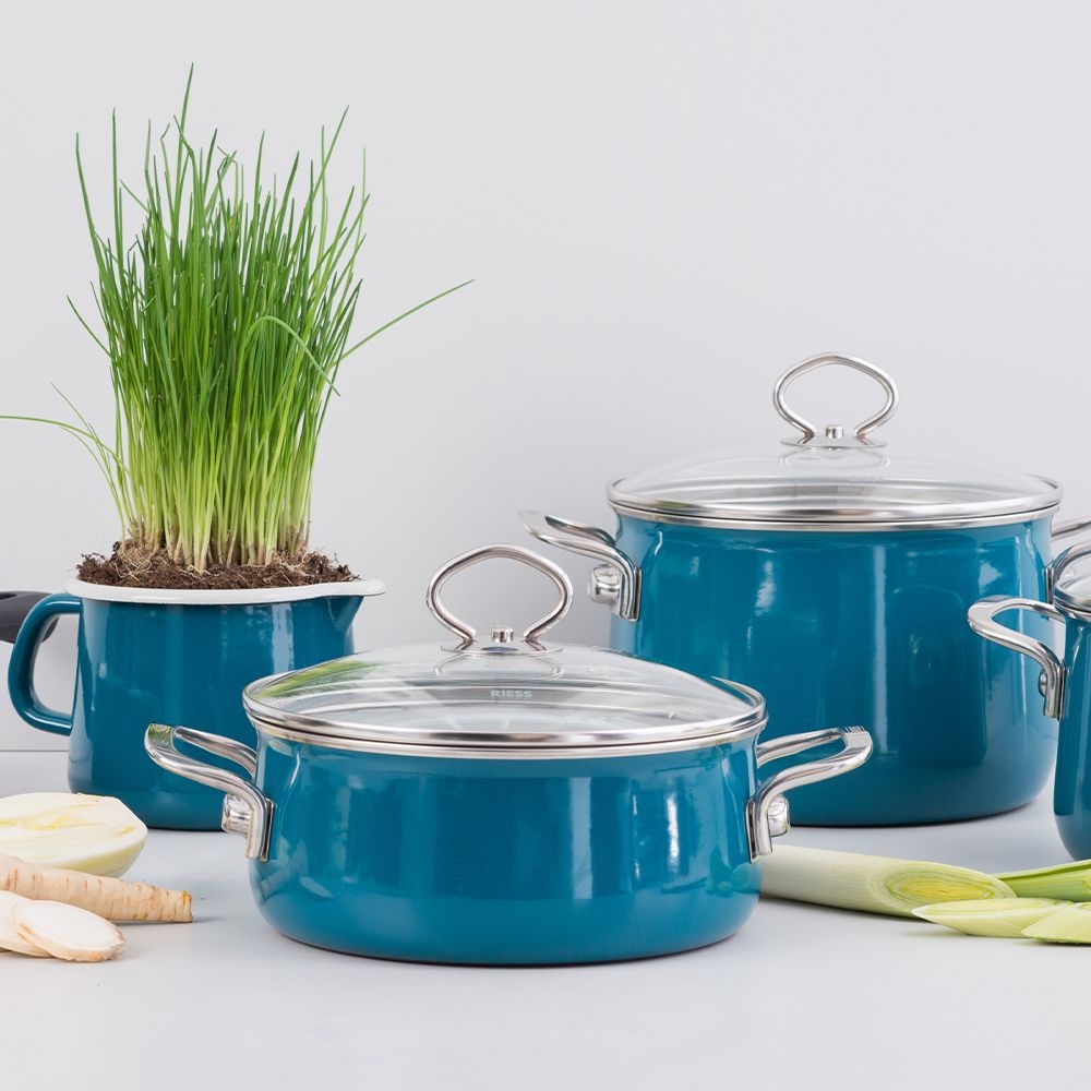 Riess NOUVELLE - Aquamarin EXTRASTARK - Stielkasserolle mit Glasdeckel