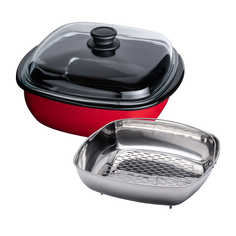 Riess CLASSIC - COLOR RED - 3-part steamer. with glass lid and cooking insert 28/28