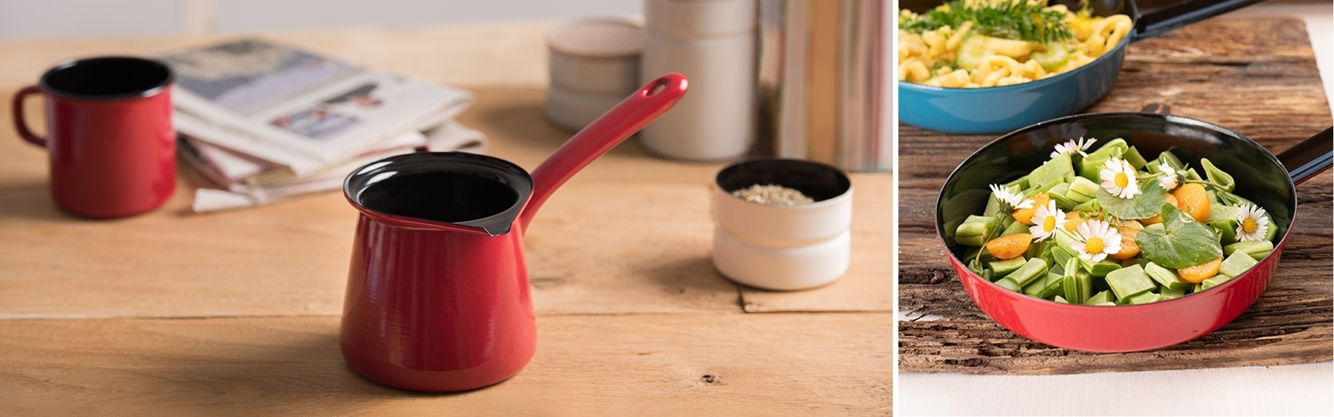 Rote Emaille-Stielkasserolle und Pfanne auf Tisch