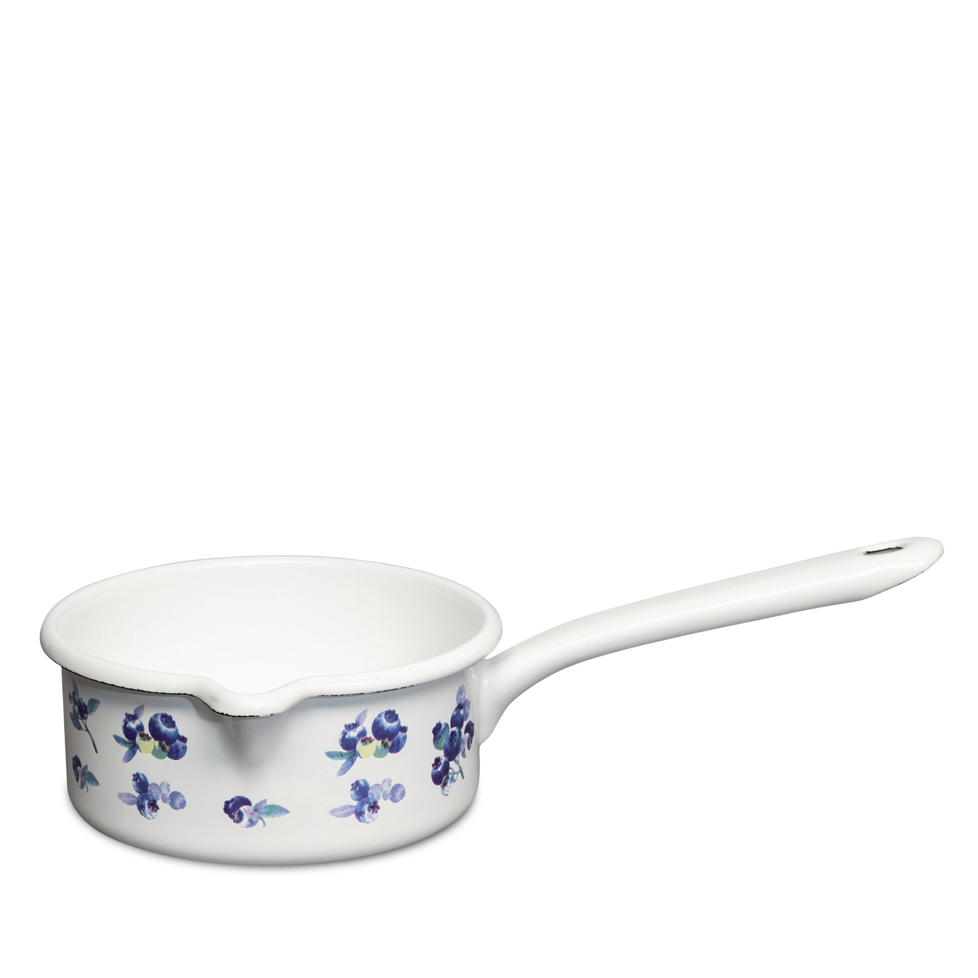 White enamel saucepan with blueberry pattern